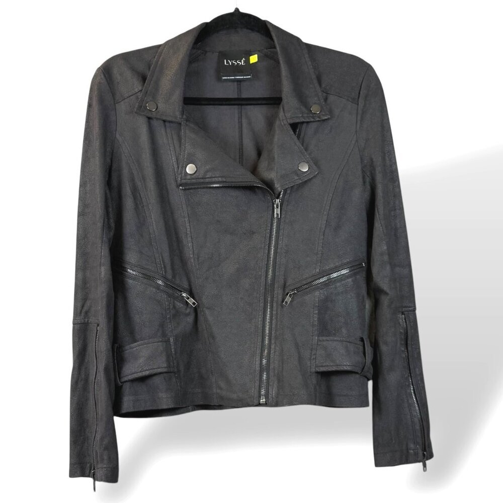 Lyssé Moto Jacket Womens Sz XS Black Faux Suede Belted Zipper Pockets & Sleeves